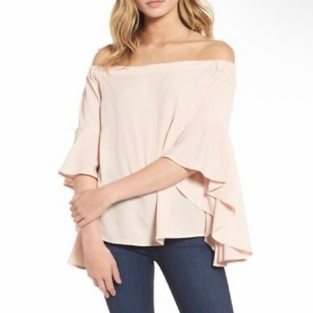 Off shoulder bell sleeve blush blouse
